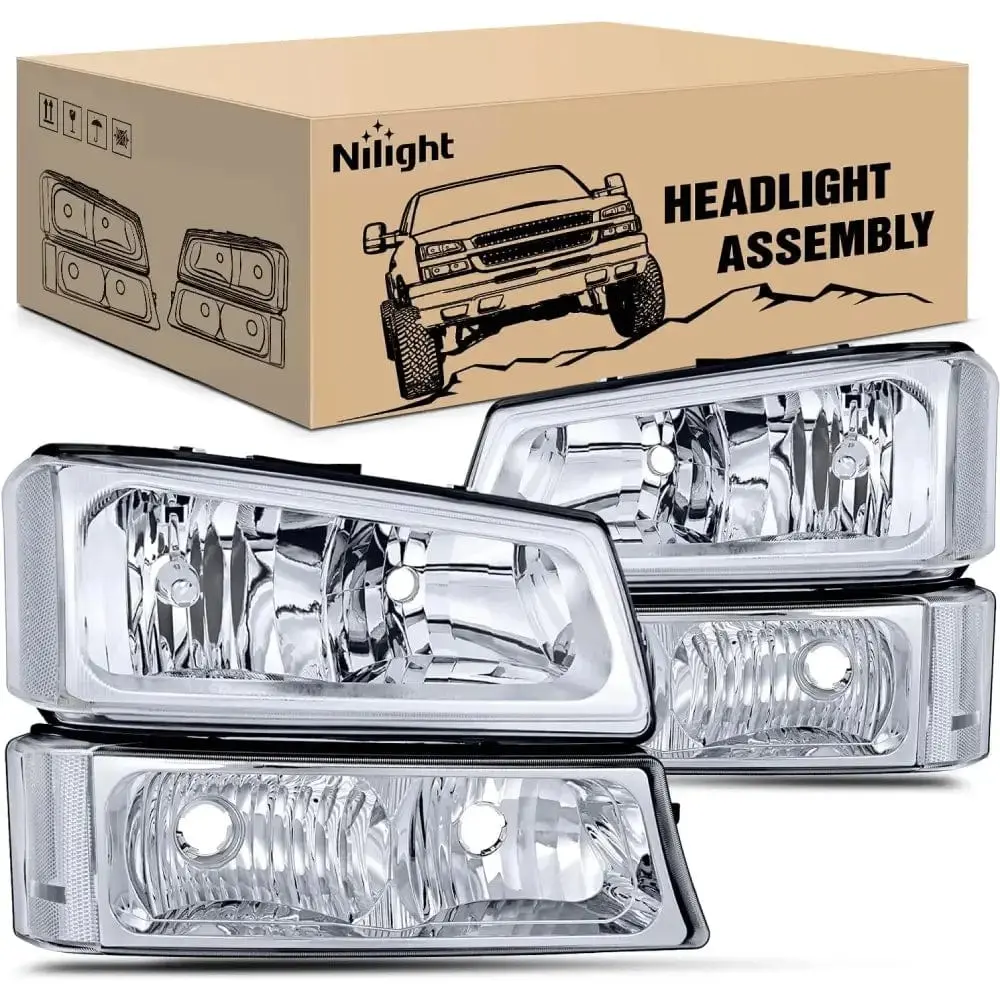 Nilight Bright Chrome Headlight Kit - Chevy Truck Accessory, DOT Certified, IP65 Rated, Anti-Fog Vent, Reflector Lens, 2003-2006 Chevy Silverado/Avalanche 1500/1500HD/2500/2500HD/3500 Replacement for Night Driving, Waterproof, 2007 Silverado 1500/1500 Hd/