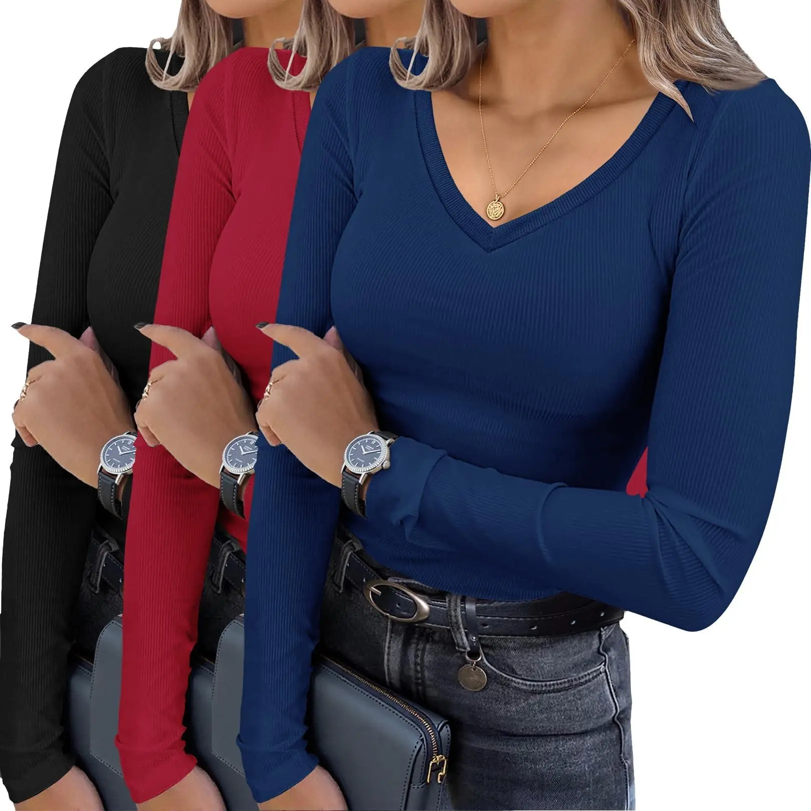 Ekouaer Women's 3-Pack Thermal Undershirts, Long Sleeve V-Neck Ribbed Tops, Slim Fit Basic Layering Clothing, Women's Clothes, Casual, Solid Colors