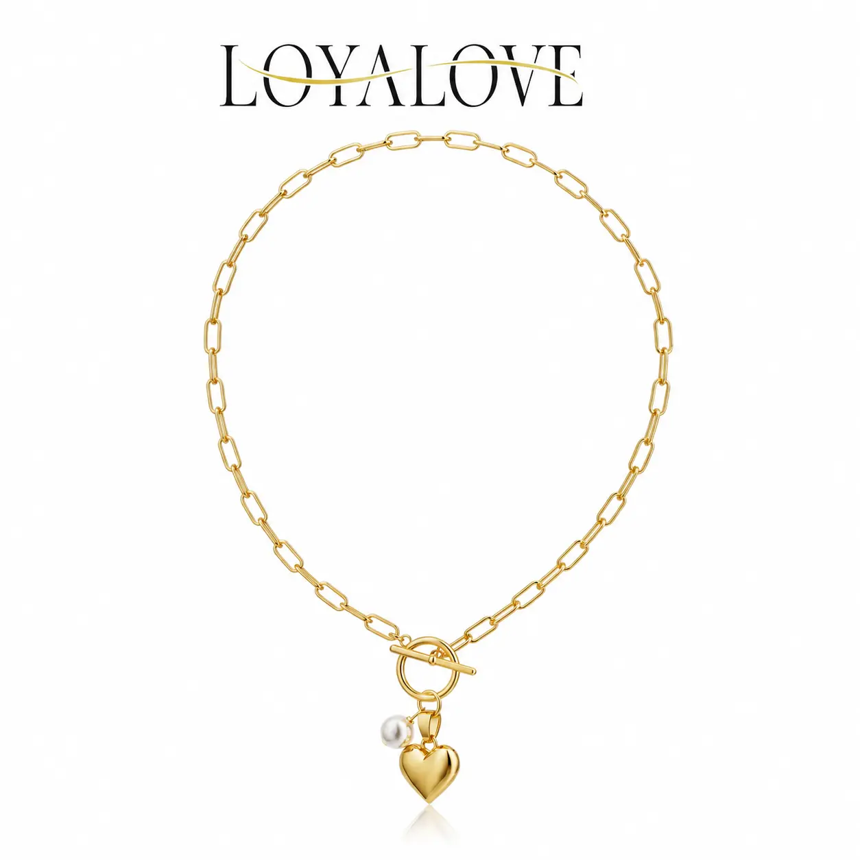 LOYALOVE 18K Gold Plated Heart Pendant Necklace for Women, Trendy Paperclip Chain Toggle Clasp Pearl Charm Necklace, Dainty Y2K Minimalist Jewelry Gift for Her