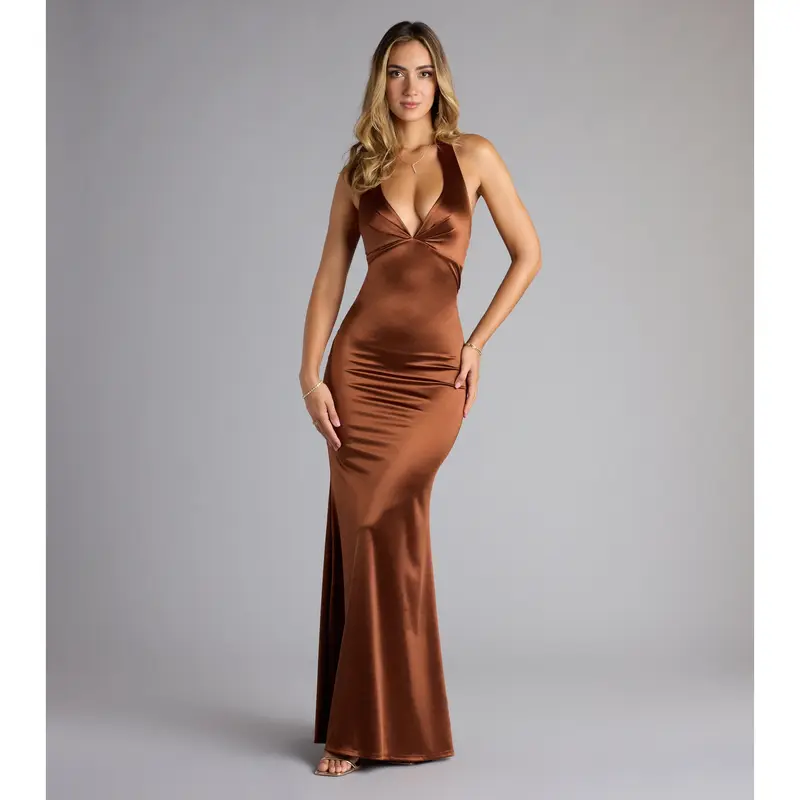 alaric | mermaid deep v neck yellow satin long prom dresses with slit -  TikTok Shop