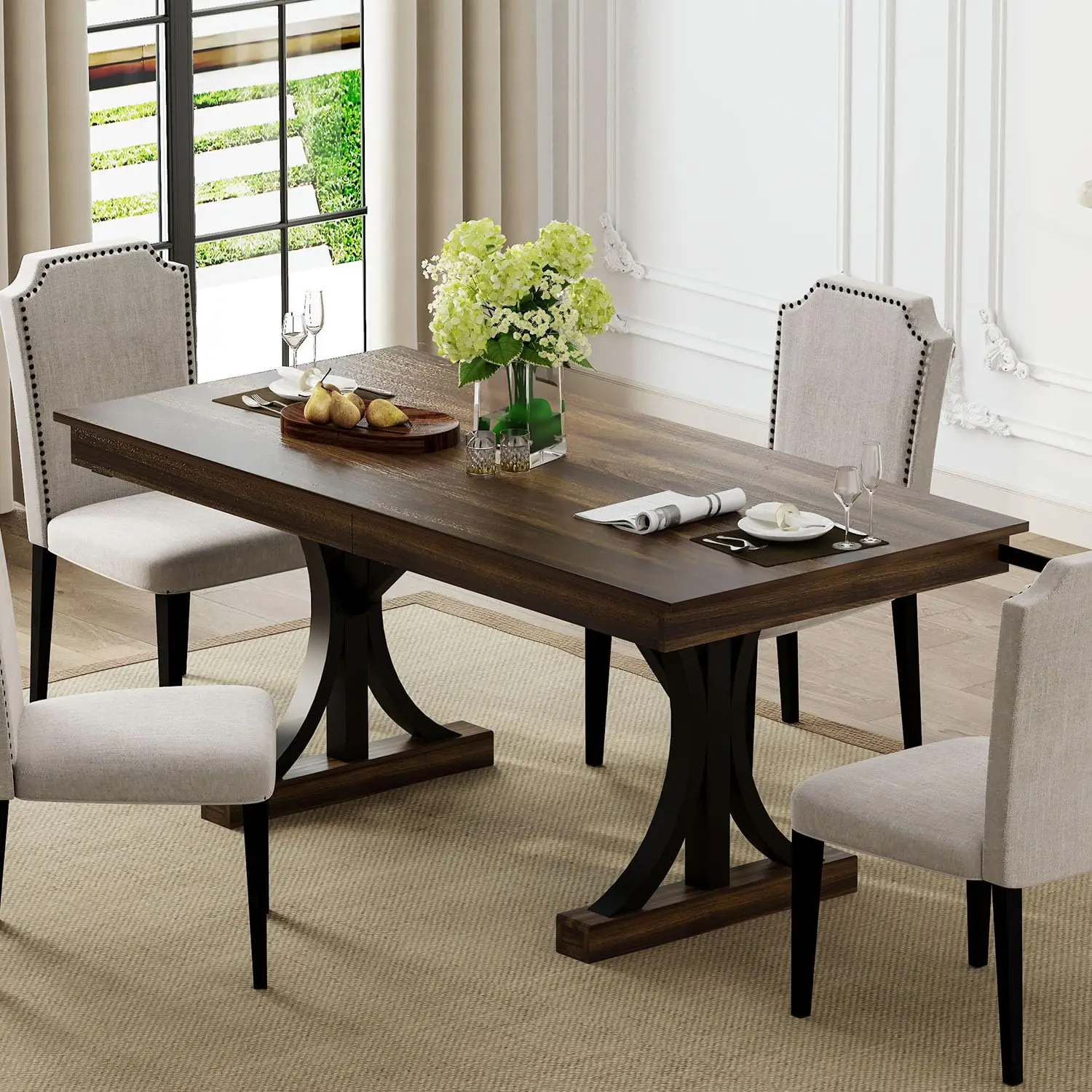 GAOMON 71-Inch Wooden Kitchen Table with Two Drawers Large Dining Table for 6-8 with Sturdy Frame Rectangular Tabletop & Double Pedestal for Kitchen Dinner