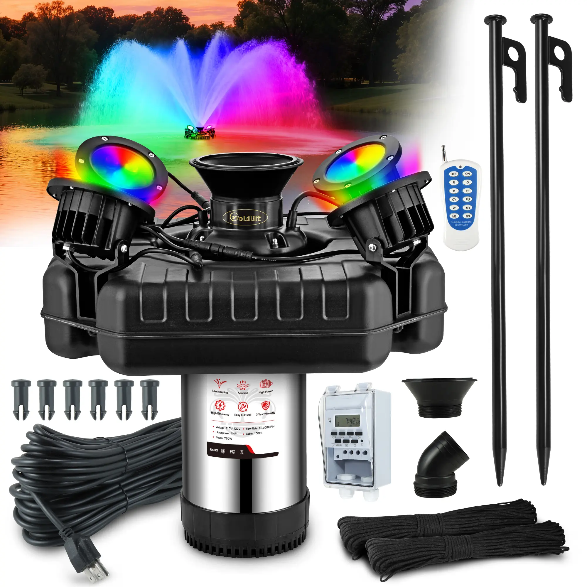 Goldlife Pond Fountain Aerator F3 (Includes 4-in-1 Nozzle Kit Gift), With 4xRGB Lights, 110V 1HP 750W 15000GPH, 100FT Power Cord, Powerful Aerating Fountain Pump for Outdoor Pond Lake Garden Jet Fountain System