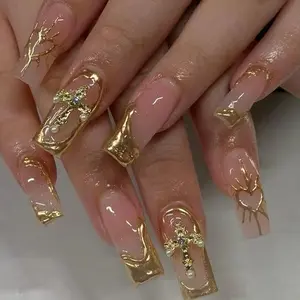 24pcs Medium Long Square French Press-On Nails, Glitter Decorative Nails, Mirror Heart Design, Elegant Rhinestone Decorated, Sparkly Rhinestones, Sweet Style Acrylic False Nail Set for Women and Girls