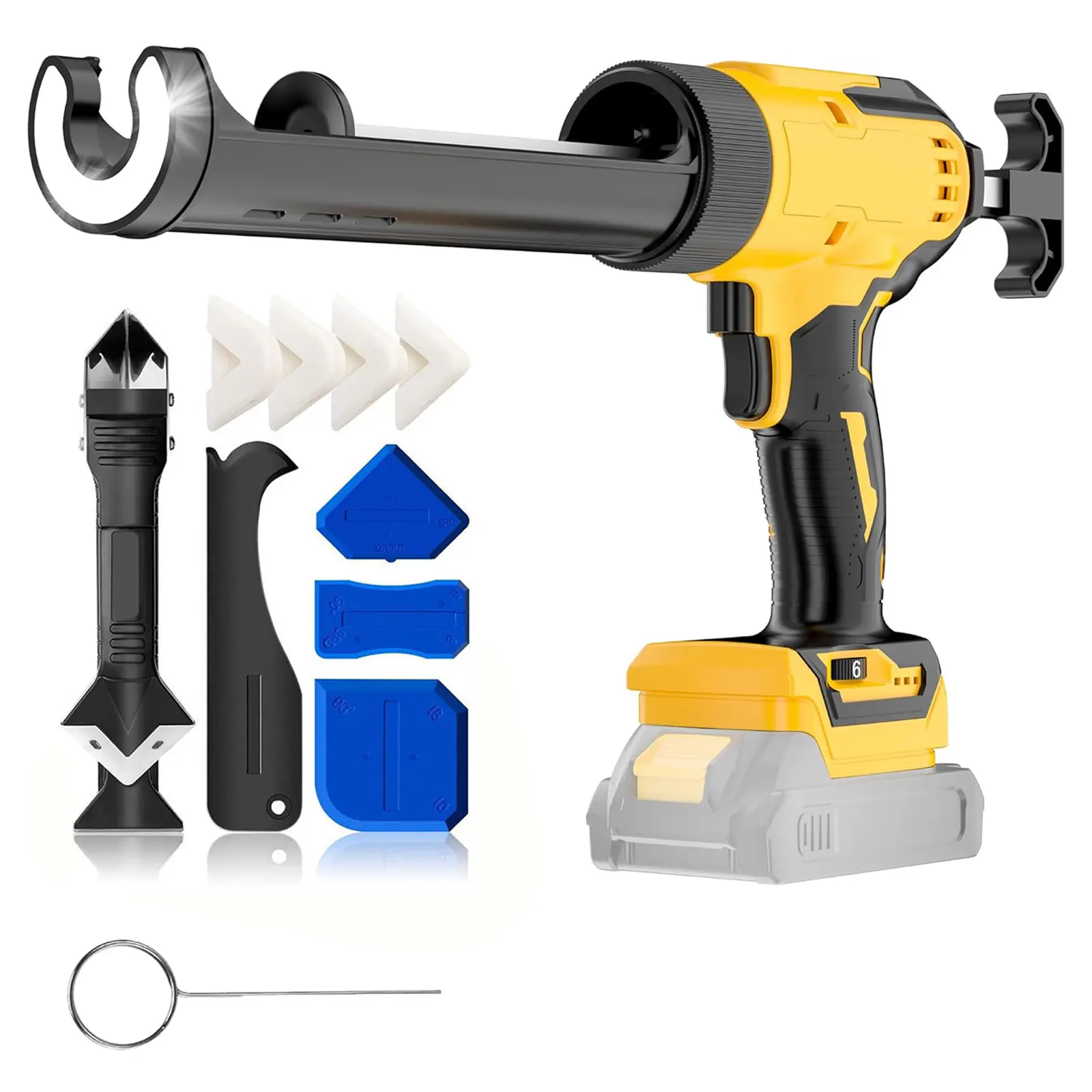 QUEP Electric Cordless Caulking Gun with Ergo Grip, DeWalt 20V Max Battery Compatible, 6-Speed Control, Anti-Drip System, LED Work Light, 10 oz/300ml Tool for Contractors, 1 Multi-Tool Scraper, 2-in-1 Sealing Cap, 3 Nozzle Adapters (Battery Not Included)