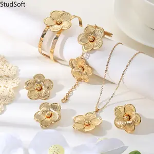 Women's 2026 New 5PCS Elegant Gold Flower Jewelry Set - Includes Necklace, Bracelet, Cuff Bangle, Earrings, Ring - Vintage Floral Boho Sports & Outdoor Accessory Gift, Elegant Jewelry Set