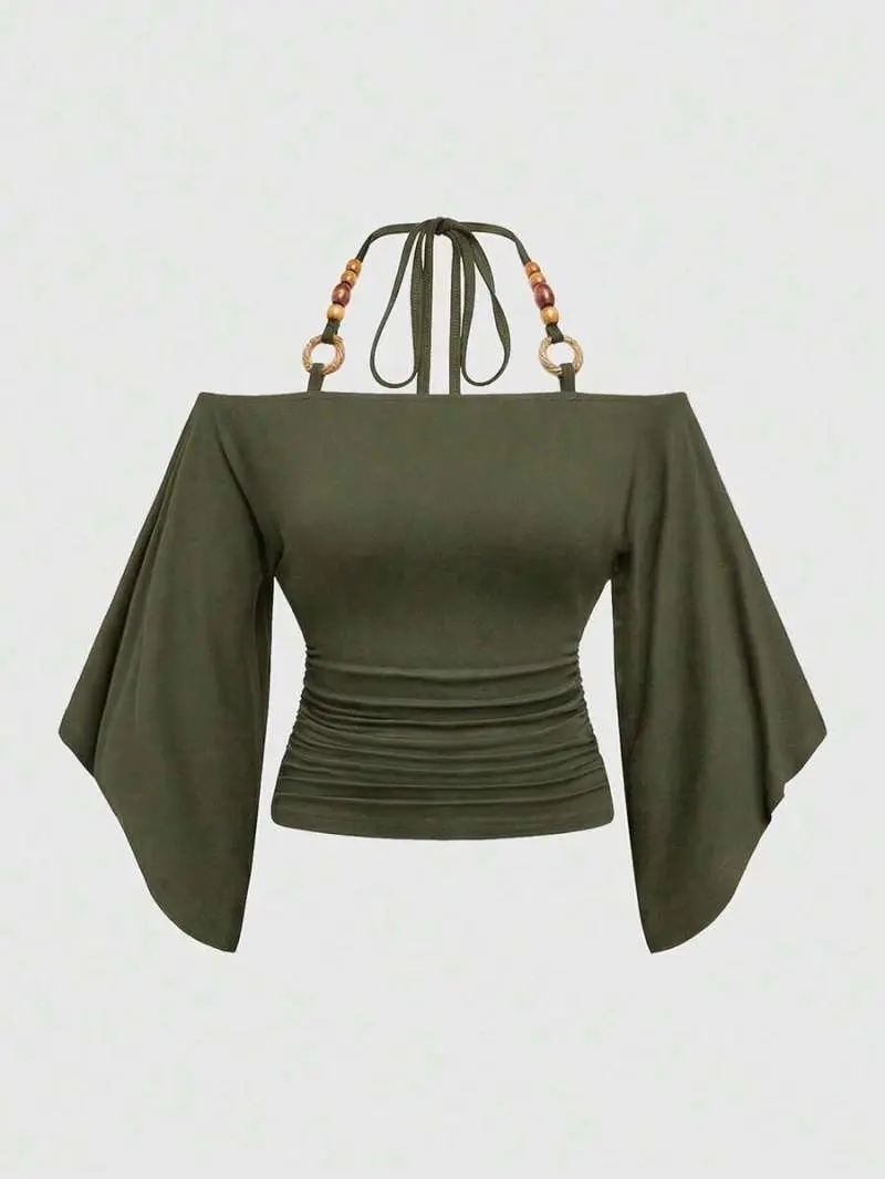 ELIEEN Hippie Vintage Loose Off-Shoulder Wooden Bead Decor Batwing Sleeve Plus Size Women T-Shirt