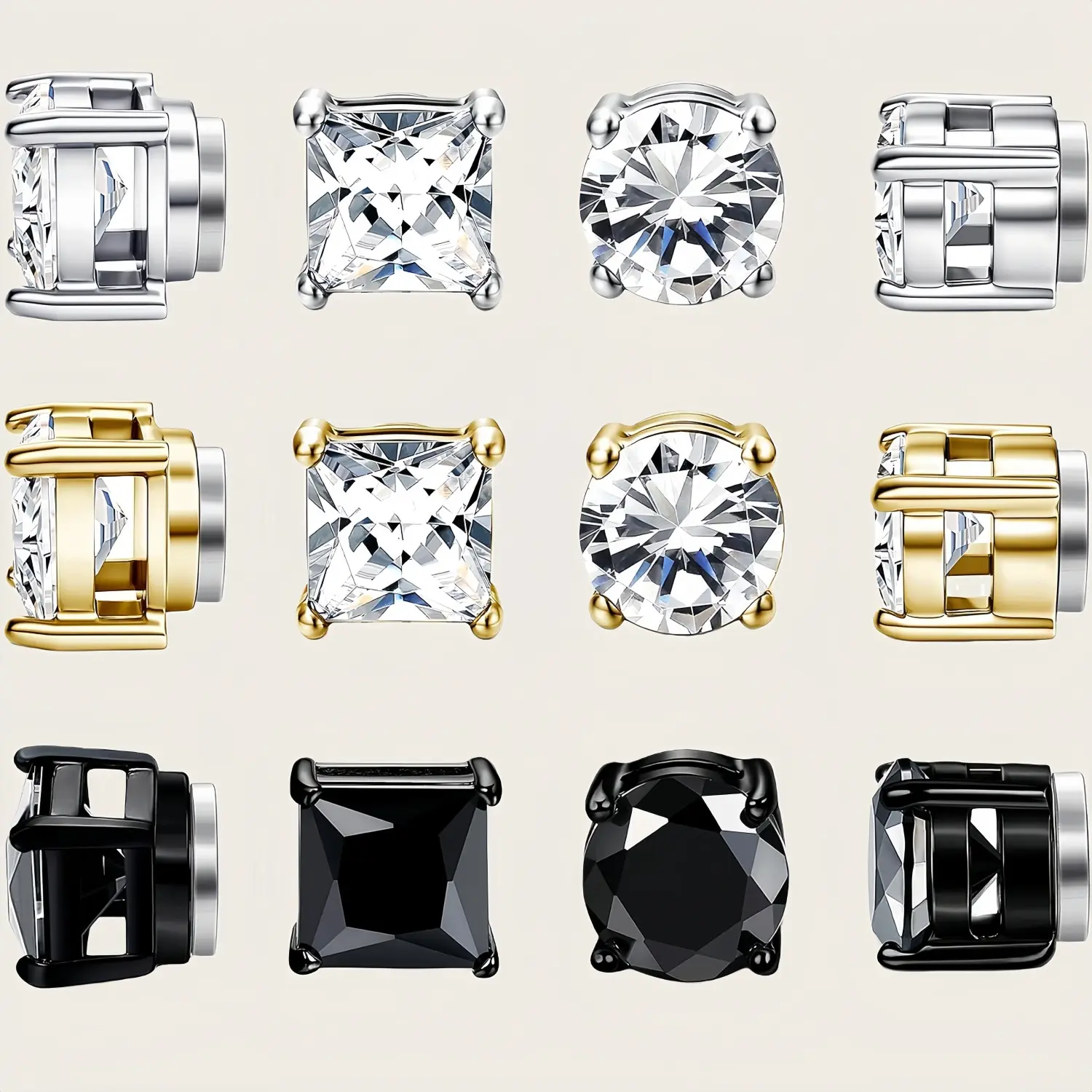 6 Pairs Unisex Non-Piercing Magnet Clip-On Stud Earrings, Stainless Steel CZ Design, 5-8MM Sizes, Fake Jewelry for Men & Women, Ideal Valentine's Day Gift, Magnet Earrings