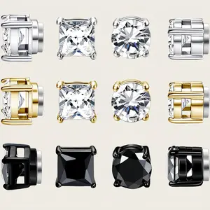 6 Pairs Unisex Non-Piercing Magnet Clip-On Stud Earrings, Stainless Steel CZ Design, 5-8MM Sizes, Fake Jewelry for Men & Women, Ideal Valentine's Day Gift, Magnet Earrings