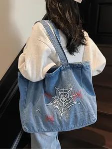 Spider Web & Spider Embroidery Design Tote Bag, Large Capacity Denim Shoulder Bag for Women, Casual Trendy Versatile High-quality Daily Commuting Bag, Casual Commuter Bag, Denim Purse