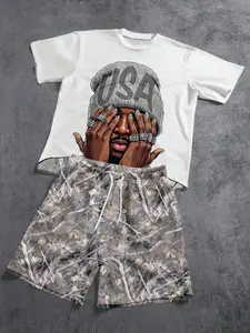 Streetwear Cartoon Graffiti Portrait Print Camouflage Short Sleeve T-Shirt and Shorts Matching Outfit Set, Perfect for Spring Summer, Ideal Gift for Boyfriend