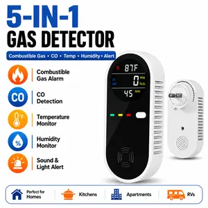 5-in-1 Display Remind,Plug in with Temperature Humidity Sensor Built-in,with DualSensor,Air Safety Remind with Clear Display Sound &Light for Homes,Kitchens,Apartments,RVs