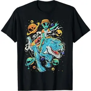 T-Rex in Outer Space | Kid Alien Riding T-Rex Dinosaur T-Shirt