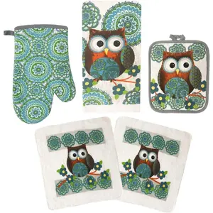 American Linen Owl Set Oven Mitts and Pot Holders - Kitchen Towels and Dish Cloths Sets - Oven Mitts - Tea Towels - Dish Cloths Set