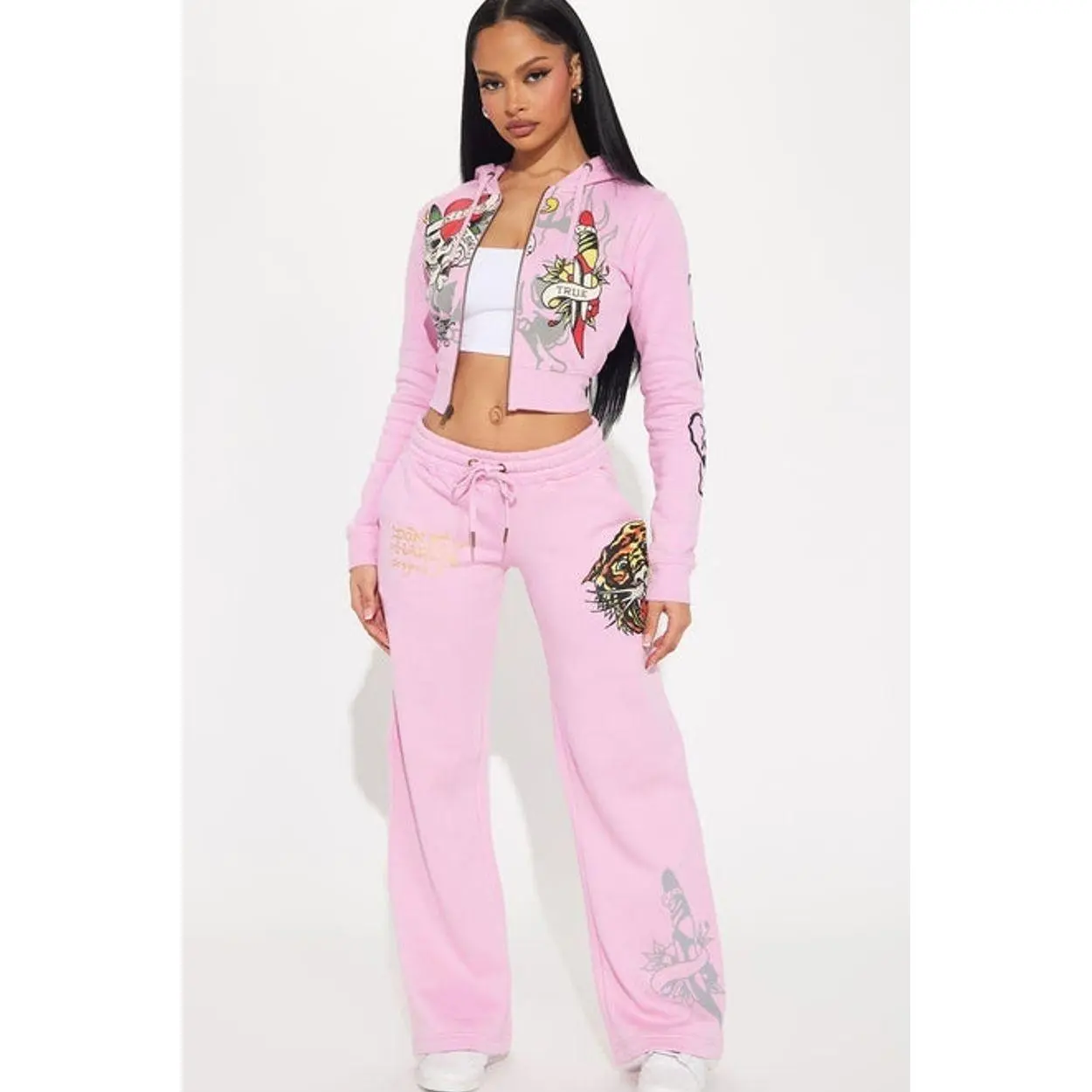 Women's Ed Hardy Tiger Roar Graphic Pants - Pink B, Cotton-Polyester Fabric, Ethnic Print Pants