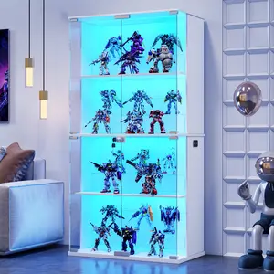 Lvifur Display Cabinet with Glass Doors,66' Curio Cabinet with Adjustable Shelf and Lockable,4-Tier Bookcase with 3 Color Lights for Collectibles,Storage Cabinets with Human Body for Books,Toys