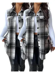 Plus Size Women's Plaid Casual Vest Jacket (fake Pockets), Button Front, Fitted Sleeveless Design, Fall & Winter FashionGift