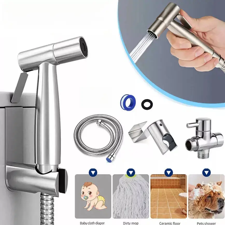 Stainless Steel Handheld Bidet Sprayer Kit - Shattaf with 304 Spray Gun, Metal Water Pipe, Plastic Accessories, Hose Connector, Adjustable Jet Spray, Bidet Attachment for Toilet, Muslim Personal Cleaning, All Seasons Home Improvement Bathroom Fixture