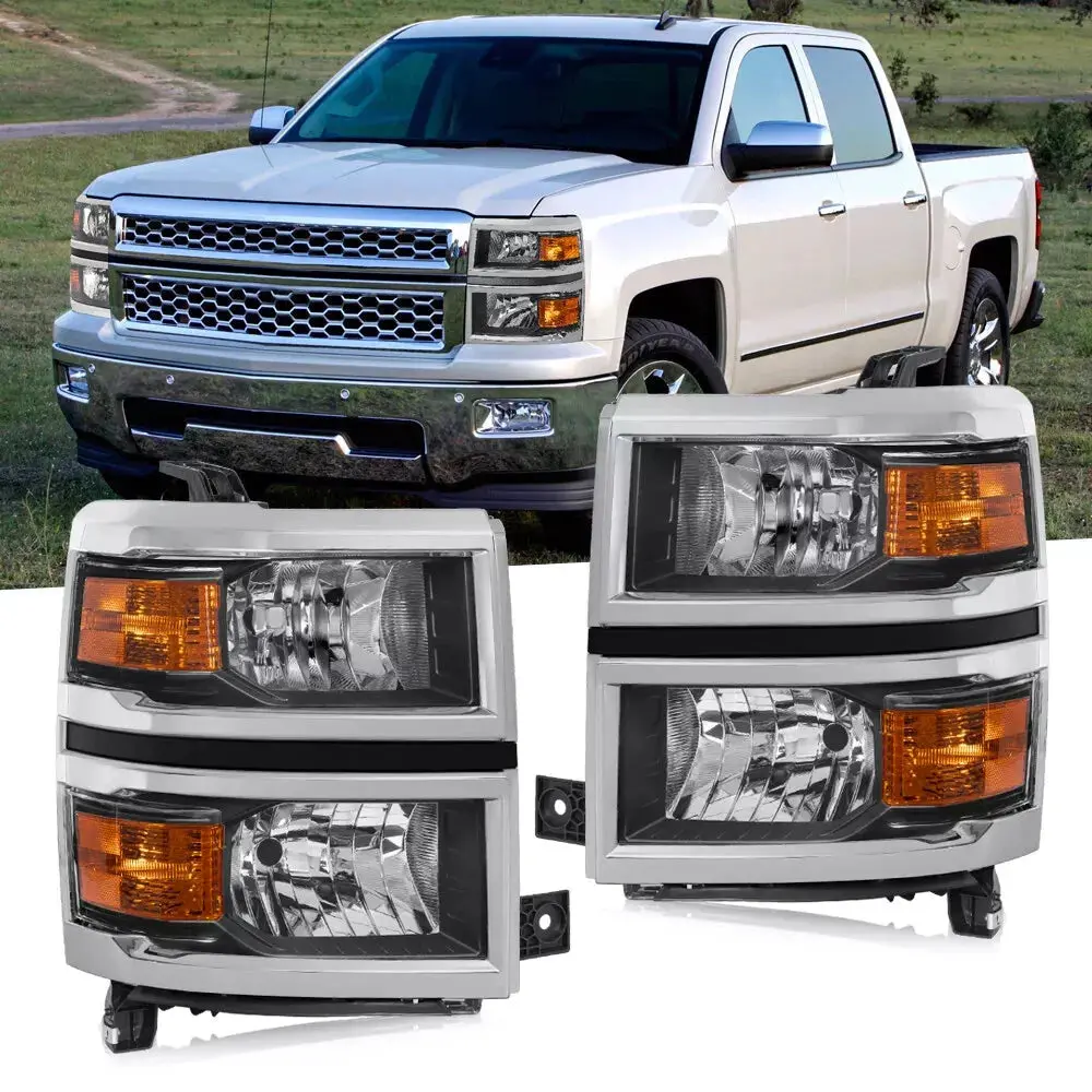 Chrome Trim Headlights For 2014-2015 Chevy Silverado 1500 Pickup Truck