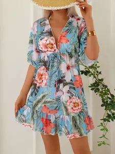 Women's Summer New Large Floral Print Pleated Hem Cover-Up, Slimming Sun Protection Beach Vacation Party Swimsuit Top, Beach Cover Ups, Swimwear Cover Up