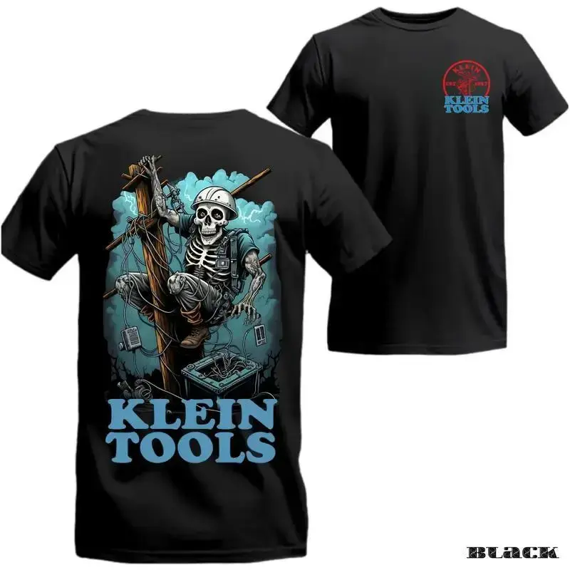 [100% Cotton] Klein Tools T-Shirt – Skeleton Lineman on Utility Pole Graphic, Perfect Gift for Electricians and Linemen, Men's Cotton Tee