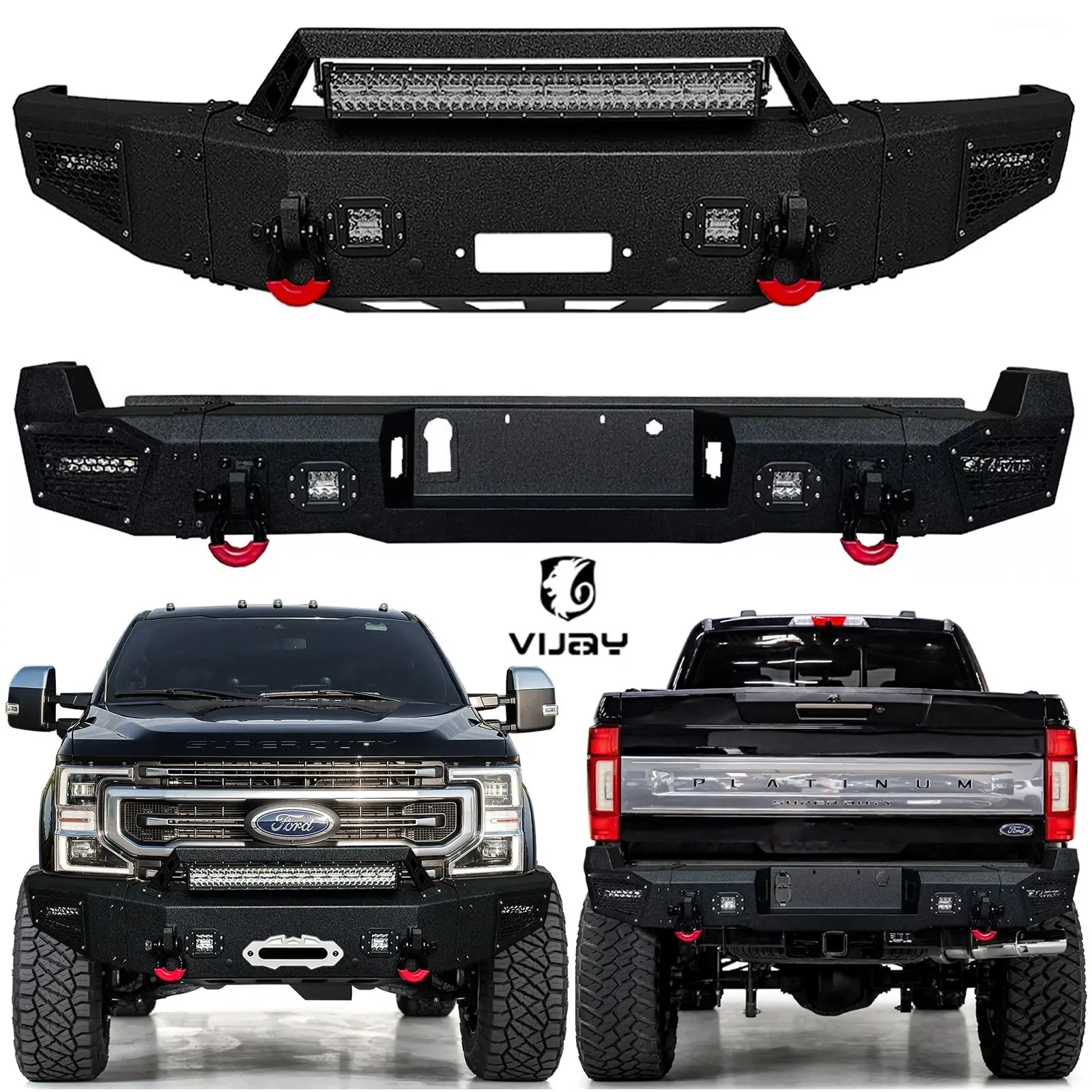 Vijay Black Textural Steel Front or Rear Bumper Assembly with Winch Plate, 1x144W LED Lights, D-Rings, 2 Washers for 2017-2022 Ford F250/F350/F450 Super Duty - 75.91x14.96x11.77 Inches, Fast Shipping
