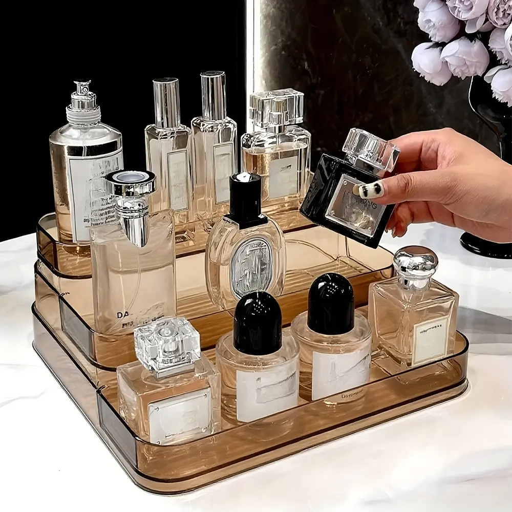1 cosmetic storage box, 3-tier trapezoidal perfume stand, high-end acrylic display rack for desktop use, for cosmetics and skincare products. holder Clear Organizer
