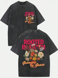 Rooted In Faith Growing In Grace Graphic T-Shirt, Vintage Washed Distressed Oversized Christian Faith Streetwear Top, Retro Floral Bible Verse Tee for Men Women, Christian Gift & Religious Apparel