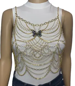 Mixed Gold Chains with Abalone Shell Butterfly plus Daisy Flower and Clear Glass Rhinestone Chained Tank Top One-of-a-Kind OOAK Elegant