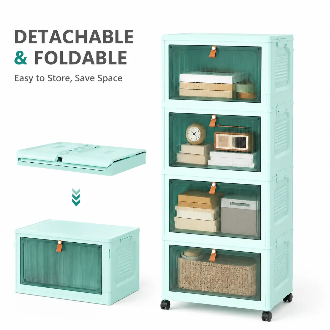 4 Tier Plastic Storage Bins with Lid 23QT - Stackable Storage Containers with Wheels, Folding Storage Boxes, Collapsible Storage Bins, Closet Organizers and Storage