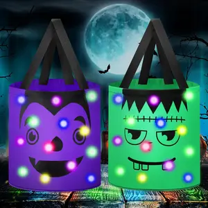 2 Pcs Halloween Trick or Treat Bucket LED Light up Zombie Vampire Candy Bags LED Halloween Treating Baskets Reusable Goodie Gift Tote Bag for Party Favor Supplies