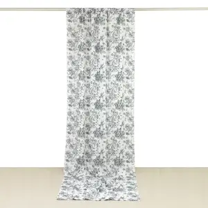 French Toile Polyester Backdrop Curtain – Black Floral 5ft x 12ft Rod Pocket Drape Panel