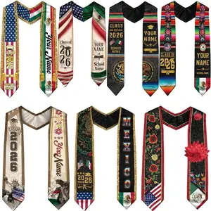 Polyester Mexican American Flag Graduation Stole - 2026 Custom Sash with Vibrant Print, Flat Ends, 2 Sizes, Personalized Class of 2026 Graduation Gift Accessory