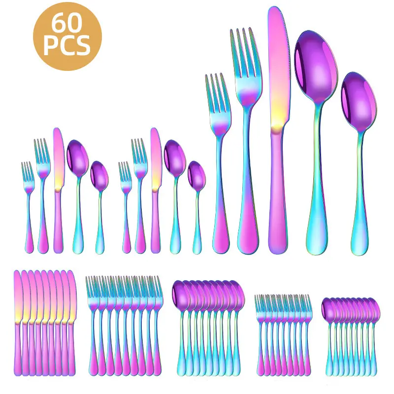 60-Piece Stainless Steel Rainbow Flatware Set Silverware Set, Iridescent Cutlery Utensils Set Service For 12, Mirror Polished, Dishwasher Safe Ideal