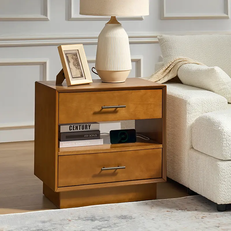 Hulala Yoel Hidden Drawer End Table with Built-in Outlets, Hidden Drawer, Rear Charging Station, Three Spacious Drawers, Mid-century Modern Aesthetic, Sturdy Construction