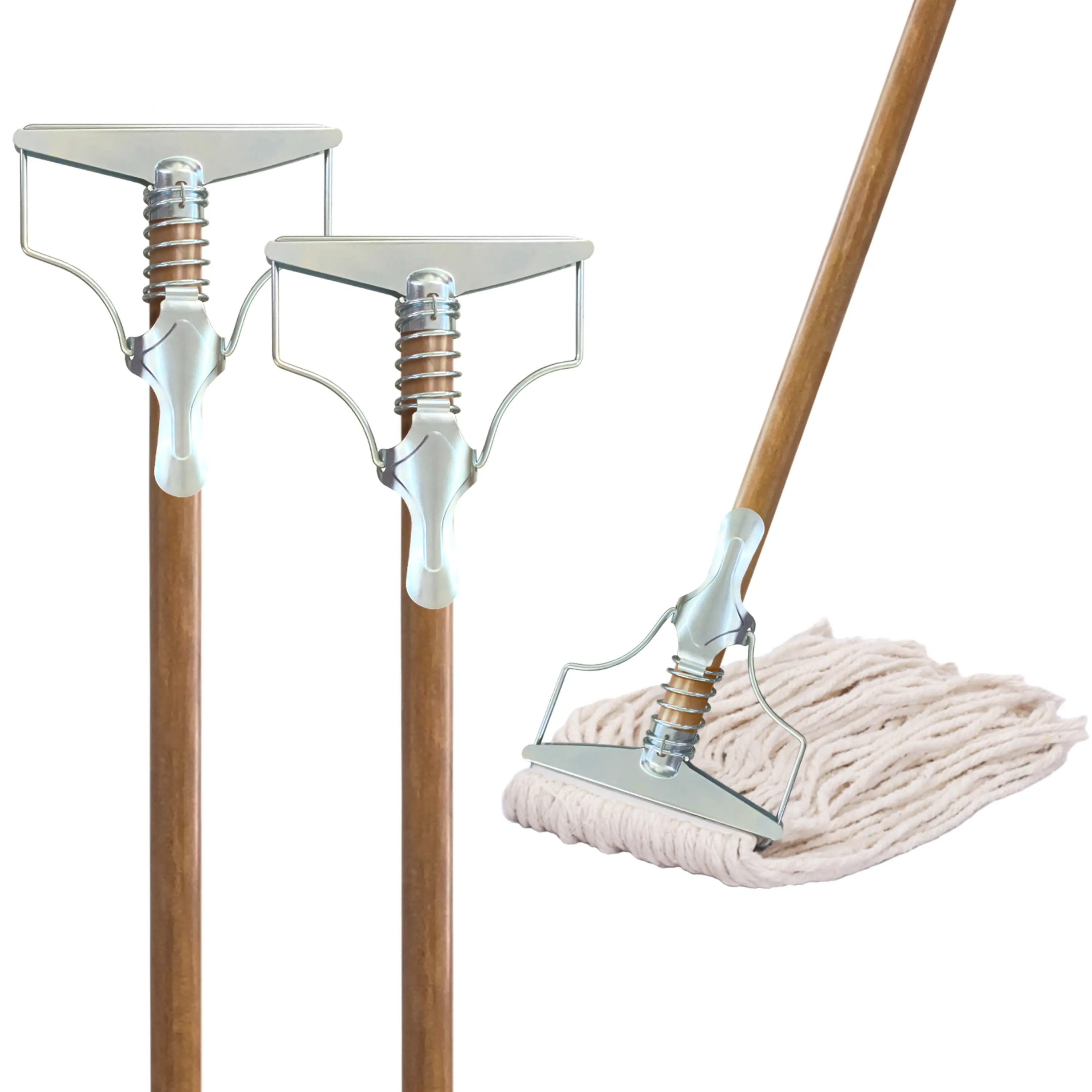 Wet Mop Handles   Pack of 2 Industrial Mop Steelhead with Wooden Handle for Floor Cleaning Heavy Duty