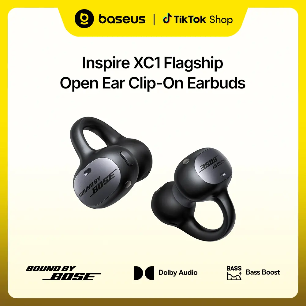 Baseus Inspire XC1 Open Ear Clip-On Earbuds, Sound by Bose, Dolby Audio, Adaptive Tunning Sound, Hybrid 2-Way Driver, Zero-Sense Air Cushion, 4-Mic Adaptive Clear Calls, IP66 Waterproof, 40H Playtime