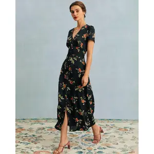 The Black V Neck Floral Short Sleeve Maxi Dress