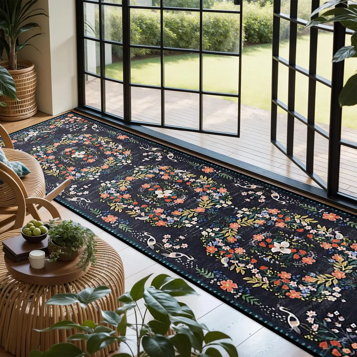 Vintage Bohemian Floral Carpet Runner, Pet-Friendly Non-Slip Soft Plush Mat, Machine Washable Rug, Foldable Indoor Rug for Bedroom Bathroom Living Room, Boho Runner Rug, Bohemian Washable Rugs