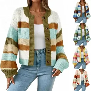 Women's striped thick cardigan wool sweater button style fashionable color block long sleeved casual knitted sweater jacket loose knitted women's clothingRAIMENTRY