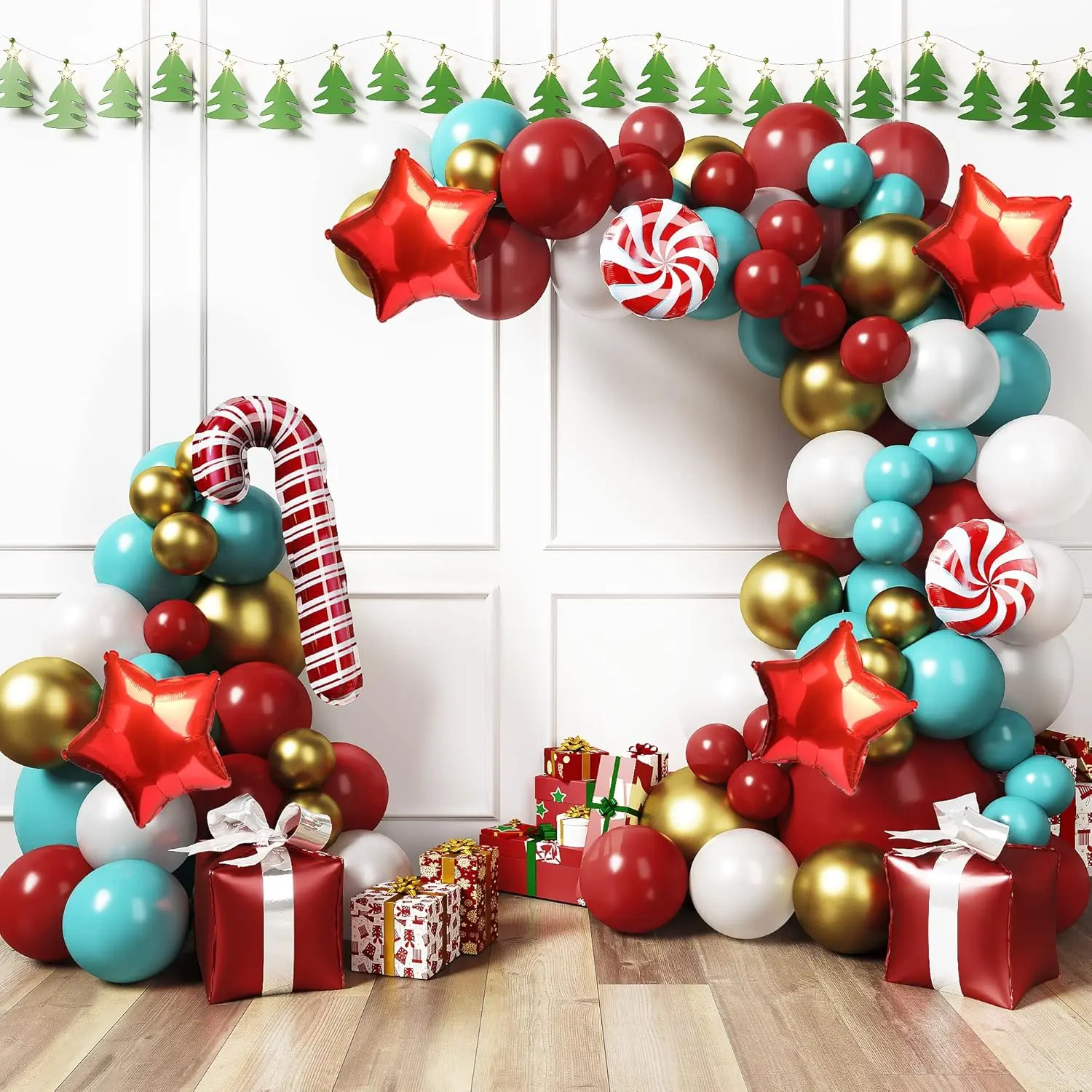 Christmas Balloons Arch Kit - 145 Pcs - Christmas Balloons For Decorations Red, Teal, White With Candy Cane | Mylar Balloons With Candy Cane For Christmas Decoration