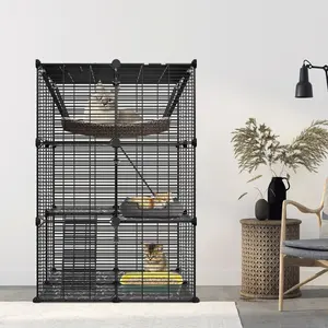 Segawe Enclosed 3-Tier Large Wire Metal Pet House, Confinement Cage with Hammock & Stability Kit - Indoor-Outdoor Escape-Proof Kennel for Small Animals, Black Metal Frame,summervibes