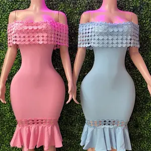 Angelina Dress - Off-the-Shoulder Bodycon with Ruffle Hem and Round Neck, Pink & Light Blue Options