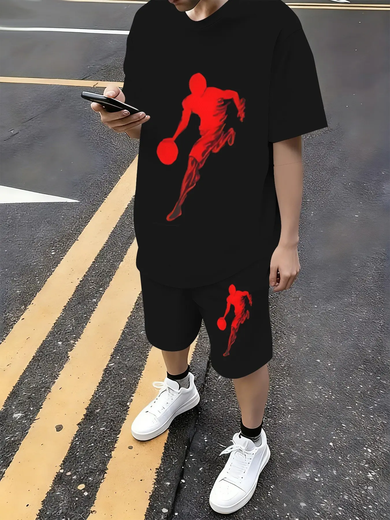 Boys' Teen 2-Piece Basketball Print Athletic Set, Short Sleeve T-Shirt + Casual Shorts, Breathable Streetwear Sports, Daily & Outdoor Activities