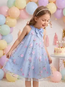 Sweet Dreamy Young Girls Dresses Floral 3D Mesh Blue Halter Dress, Elegant Unique Suitable For Party, Outing And Daily Life, Girls Summer Dress Girls Floral Dresses Kids Easter Dresses Charming Kids Dresses Birthday Dresses For Kids Young Girl Dresses