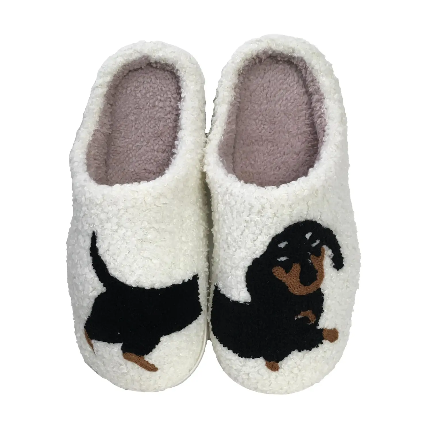 Women's Dachshund Embroidered Plush Sherpa Slip-On Slippers - Casual Indoor Footwear with Soft Fleece, Comfortable Fit, Rubber Sole, Black and Brown Designs, Black And Brown Dachshund Embroidered