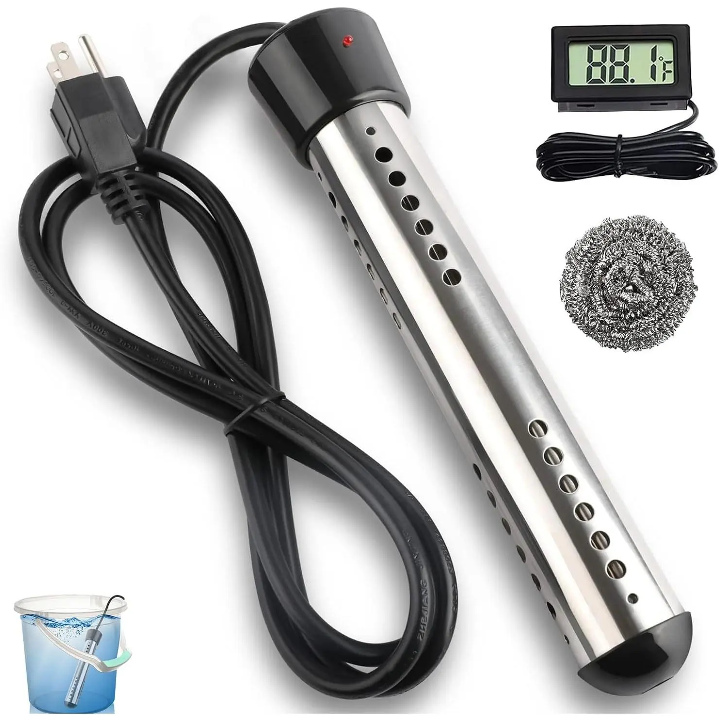 2000W Portable Submersible Immersion Water Heater Household Appliances with 304 SS Guard, LCD Thermometer, Fast Heating for 5-gal Bathtub, Bucket (Black)