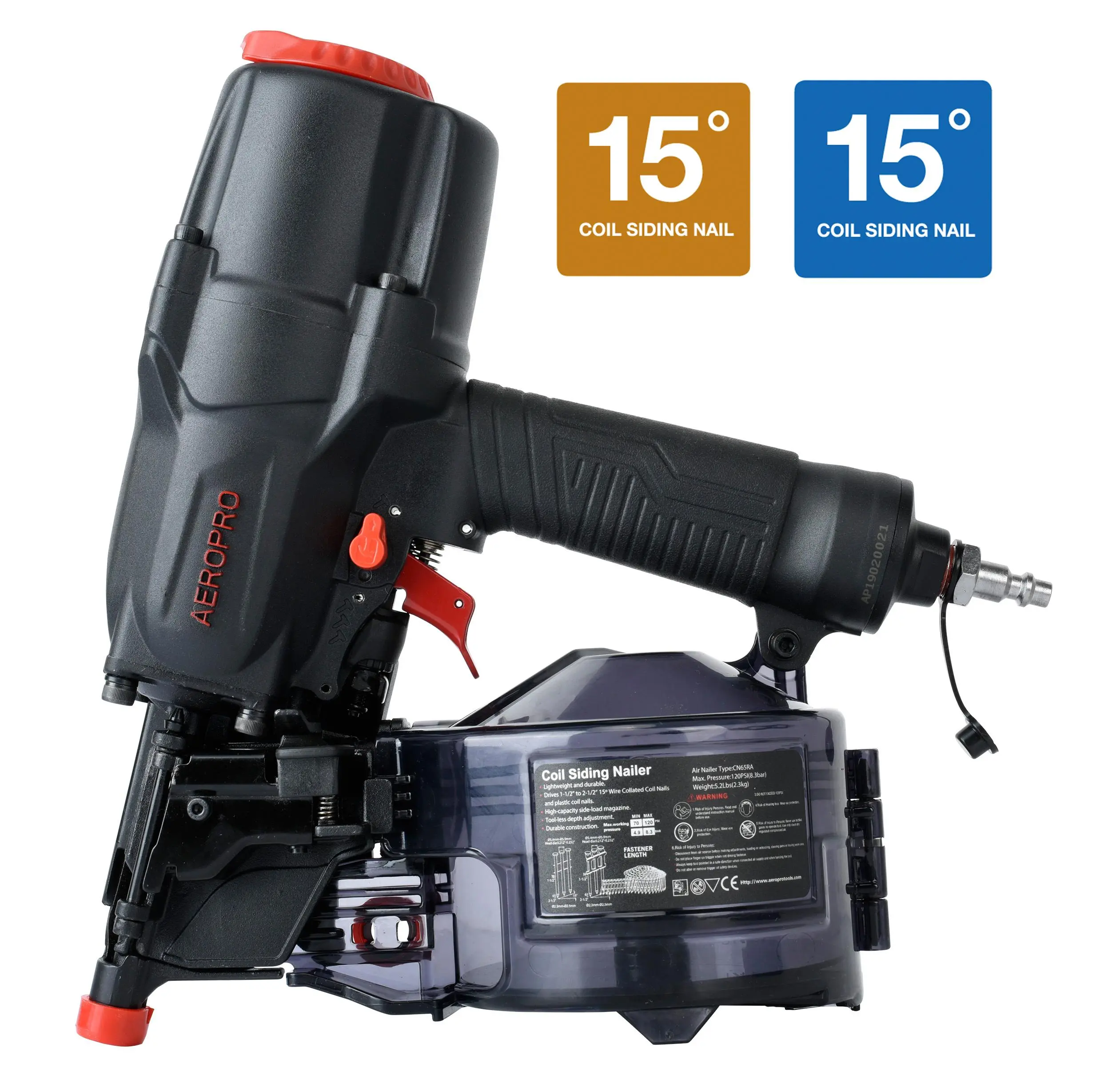 AeroPro CN65R 15-Degree Pneumatic Coil Siding Nailer, Power Tools for DIY, Tool-Less Depth Adjustment, Side Mag., Side Load Tilt Bottom Magazine, 15° Nail Fit, 1-1/2" to 2-1/2" Coil Nails Compatible, Wire-Ready Design, 15-Degree Compatibility