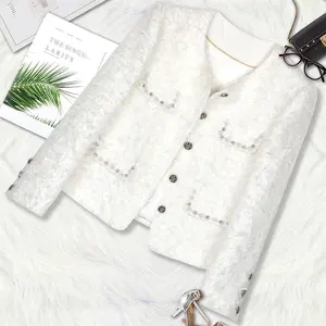 Elegant Diamond-Embellished Beaded  Women's Velvet Furry Coarse Woolen Woven Jacket in Tweed Style for Casual Wear - Womenswear, Long Sleeve