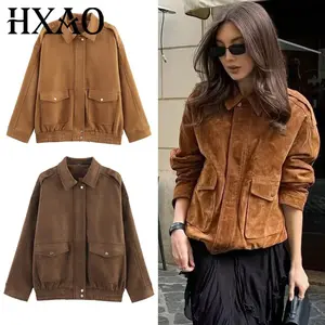 HXAO Women's Demi-Season Jackets Autumn 2025 Suede Bomber Jacket Khaki Darkkhaki Outerwears Cropped Pockets Long Sleeve Top Coat