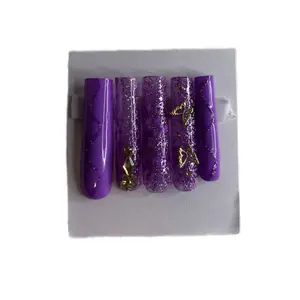 Pretty Purple Butterfly Press On Nails with Glitter Accents and Gold Butterfly Designs